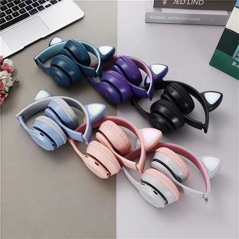 P47M Wireless Bluetooth Headset Gamer Cat LED Light Foldable Noise Cancelling Earbuds Wireless Headphones Bluetooth Earphones