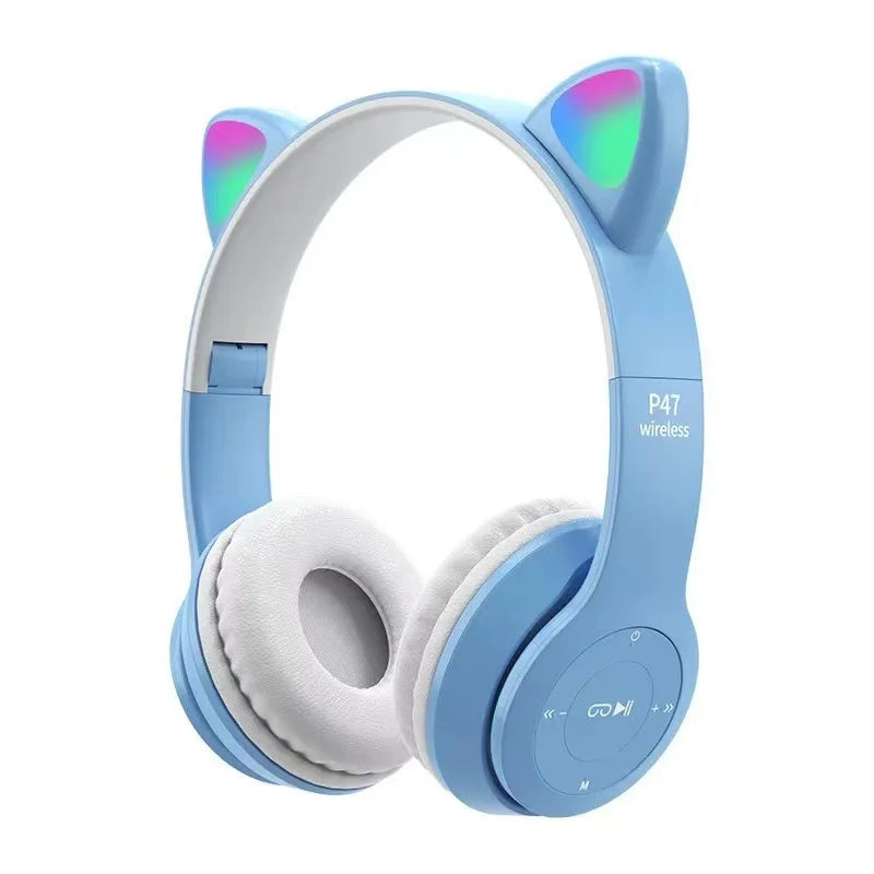P47M Wireless Bluetooth Headset Gamer Cat LED Light Foldable Noise Cancelling Earbuds Wireless Headphones Bluetooth Earphones