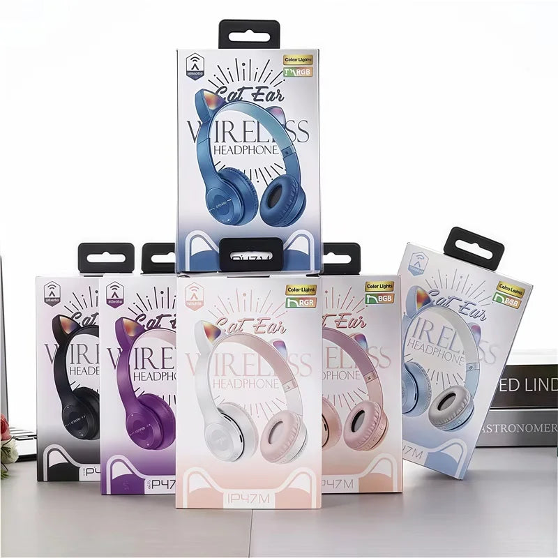 P47M Wireless Bluetooth Headset Gamer Cat LED Light Foldable Noise Cancelling Earbuds Wireless Headphones Bluetooth Earphones