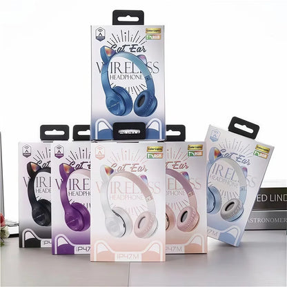 P47M Wireless Bluetooth Headset Gamer Cat LED Light Foldable Noise Cancelling Earbuds Wireless Headphones Bluetooth Earphones
