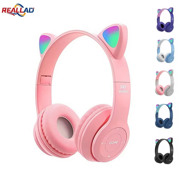P47M Wireless Bluetooth Headset Gamer Cat LED Light Foldable Noise Cancelling Earbuds Wireless Headphones Bluetooth Earphones