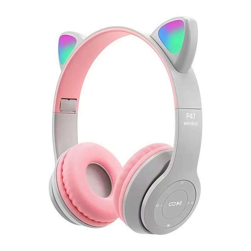 P47M Wireless Bluetooth Headset Gamer Cat LED Light Foldable Noise Cancelling Earbuds Wireless Headphones Bluetooth Earphones